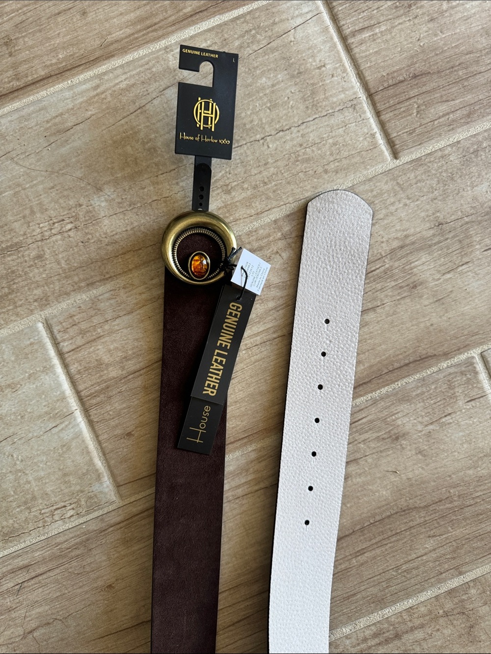 House of Harlow 1960 Brown and White Genuine Leather Belt with Gold Accent